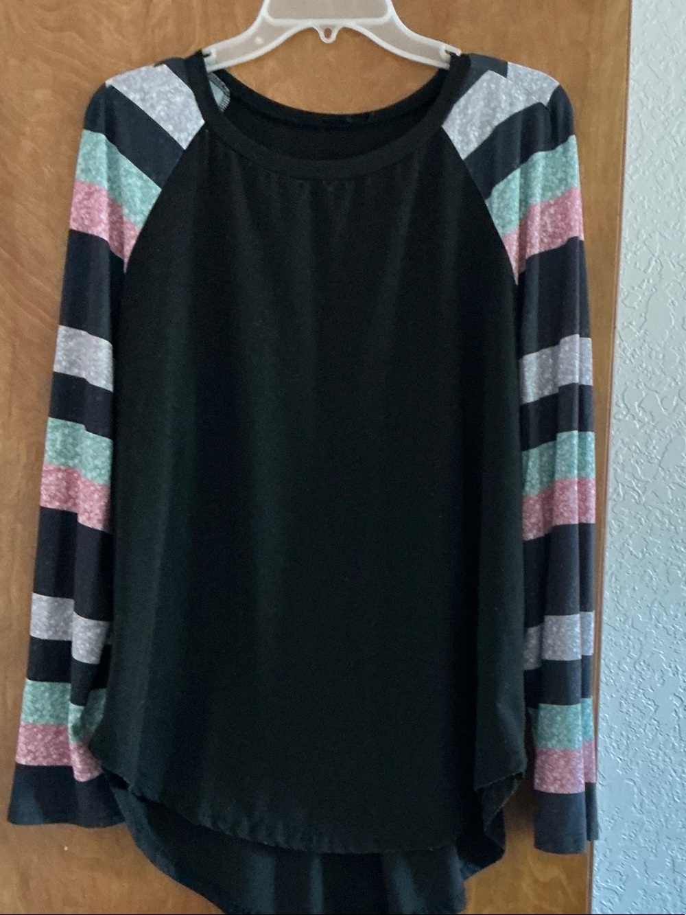 SHEIN Black Long Sleeve Raglan Tee with Pink Mint and Gray Striped Sleeves